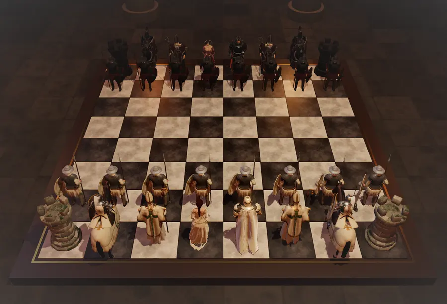 The battle board at the start of the game, all thirty-two pieces in place